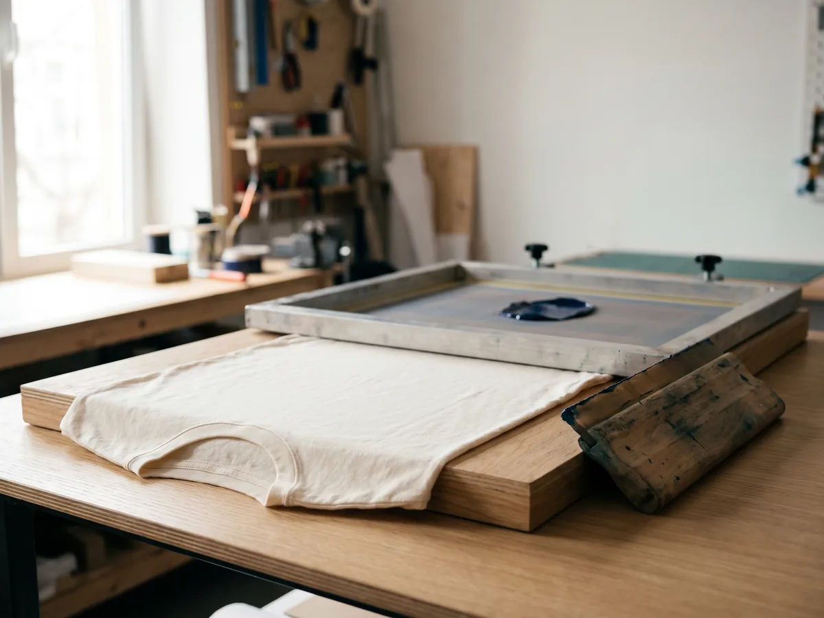 Postazione di stampa serigrafica con t-shirt in cotone panna e inchiostro blu navy