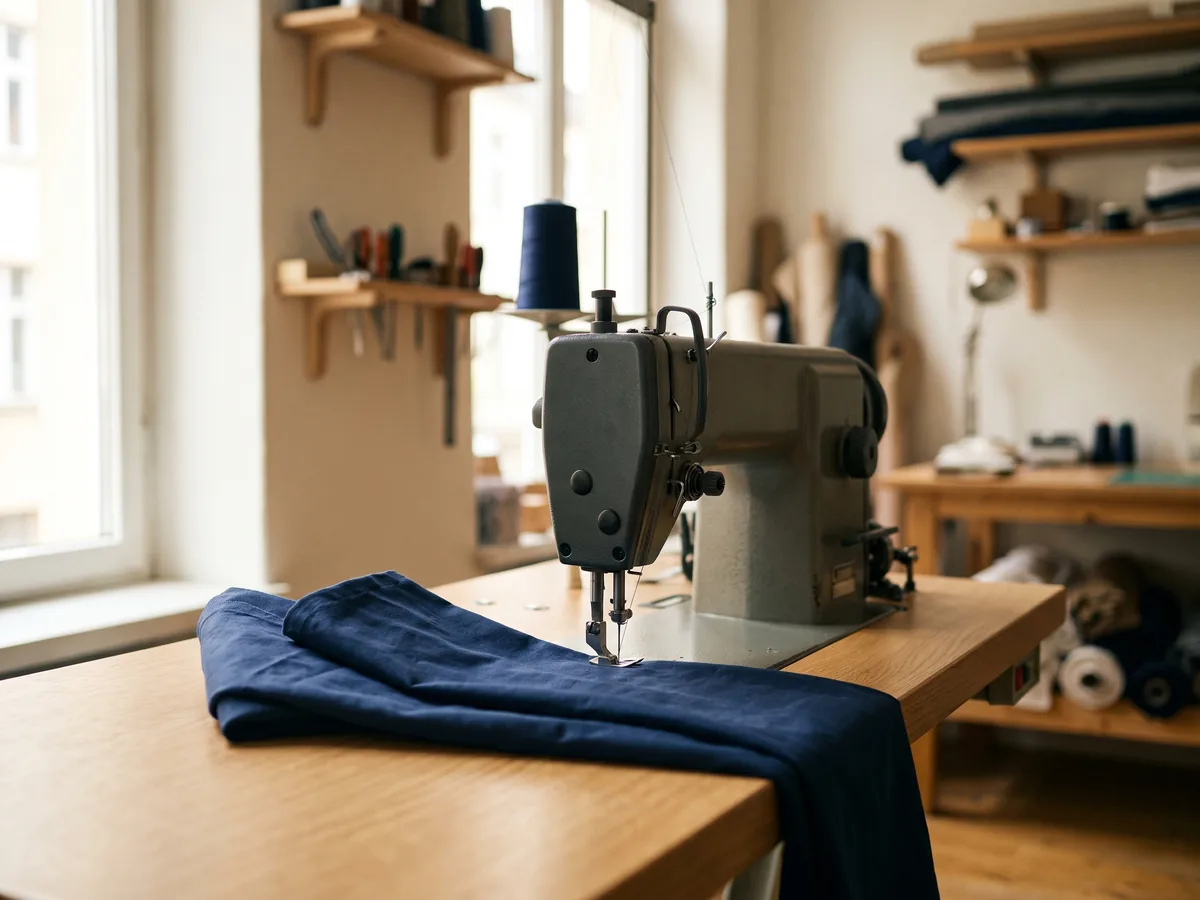 Macchina da cucire industriale con tessuto blu navy in lavorazione